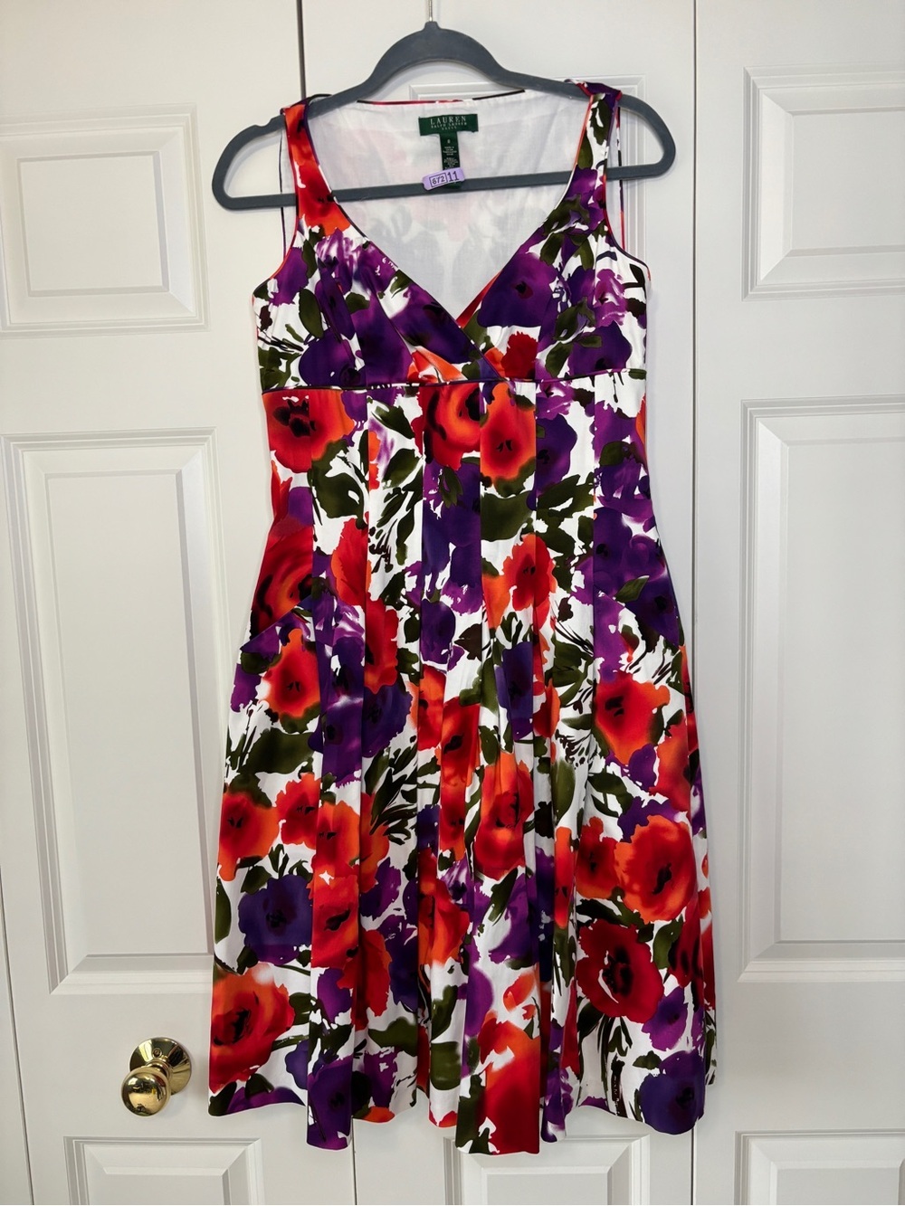 Ralph Lauren White Midi Dress with Red & Purple Floral Print